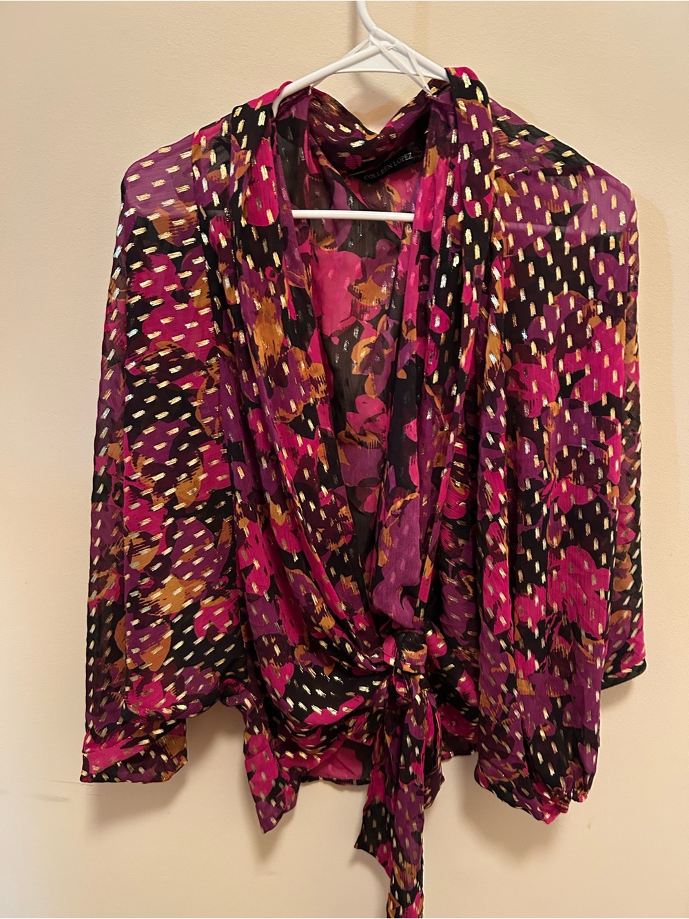 Colleen Lopez Fuchsia Magenta Floral Sheer Blouse with Gold Accents